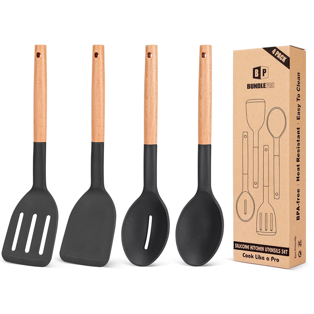 Pack of 4 Silicone Cooking Utensils Set, Non Stick Solid Spatulas and Heat Resistant Slotted Spoons with Wooden Handle, Ideal Wood Kitchen Utensils Set for Frying,Serving,Turning,Stirring (KHAKI)
