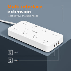 Power Strip Surge Protector, TESSAN Flat Plug Extension Cord with 8 Outlets 3 USB Charger(1 USB C), 1080 Joules Protection, Wall Mountable Charging Station for Home Office School Dorm Room Essentials