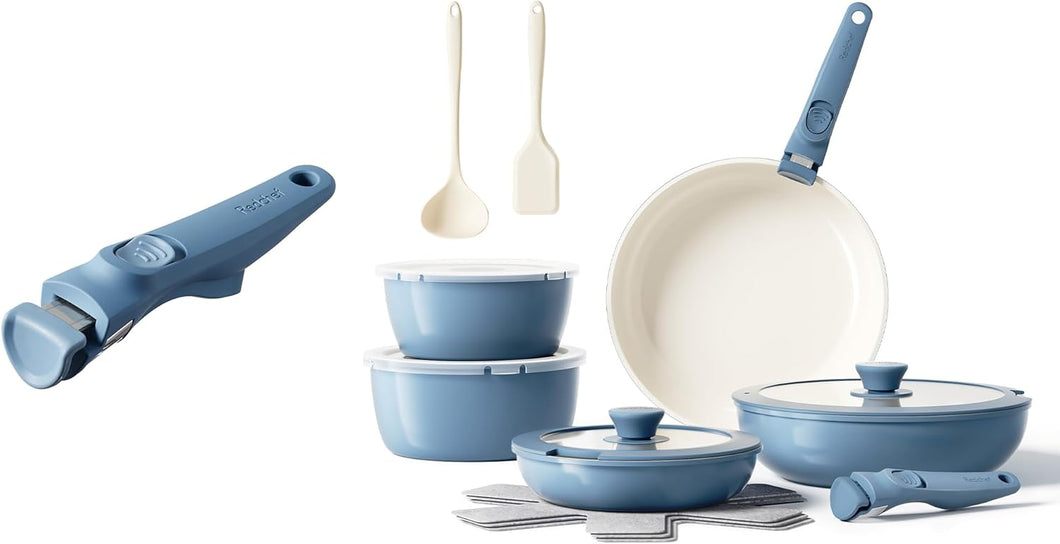 Redchef 17pcs Ceramic Pots and Pans Set Non Stick, Nonstick Kitchen Cookware Set with Detachable Handle, Non Toxic, PFAS PFOA & PTFE Free, RV Ceramic Cookware Set for Camping, Dishwasher/Oven Saf