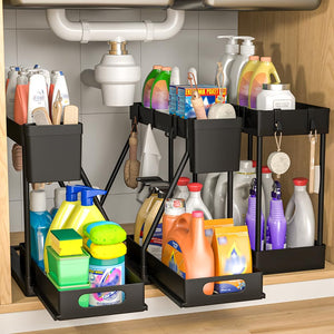 3PC Under Sink Organizer Rack 2 Tier Under Sliding Cabinet Basket Organizer Drawer, Multi-purpose Under Sink Storage for Bathroom Kitchen Desktop (Black)