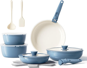 Redchef 17pcs Ceramic Pots and Pans Set Non Stick, Nonstick Kitchen Cookware Set with Detachable Handle, Non Toxic, PFAS PFOA & PTFE Free, RV Ceramic Cookware Set for Camping, Dishwasher/Oven Saf