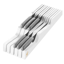 Load image into Gallery viewer, Bambüsi In-Drawer Knife Block - Bamboo Knife Drawer Organizer for Kitchen - Fits 5 Long + 6 Short Knives - Store Knives with Blades Pointing Down - Wooden Steak knife Holder without Knives
