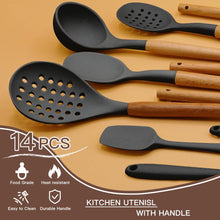 Load image into Gallery viewer, Kitchen Cooking Utensils Set, 14 Non-Stick Silicone Cooking Kitchen Utensils Spatula Set with Holder, Wooden Handle Silicone Kitchen Gadgets Utensil Set for Nonstick Cookware(Black)