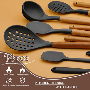 Kitchen Cooking Utensils Set, 14 Non-Stick Silicone Cooking Kitchen Utensils Spatula Set with Holder, Wooden Handle Silicone Kitchen Gadgets Utensil Set for Nonstick Cookware(Black)