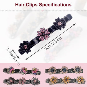 2 Pcs Sparkling Crystal Stone Braided Hair Clips, 2024 New Satin Fabric Hair Bands Rhinestone Four-Leaf Clover Hair Clip,Duck Bill Clips for Women Girls (4 Pcs)