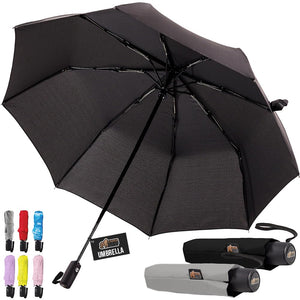 Windproof Compact Stick Umbrella for Rain, Travel One-Click Automatic Open and Close, Lightweight, Portable, Strong Reinforced Fiberglass Ribs, Easily Collapsible, Black