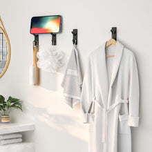 Load image into Gallery viewer, Self-Adhesive Wall Hooks - 4 Pack, Black Metal Coat &amp; Towel Hooks for Hanging: Hold 13 LB, Ideal for Bathrooms, Shower, Kitchen &amp; Doors