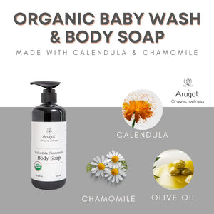 Organic Calendula-Chamomile Body Wash, Sourced & Made in Israel | Natural Body Soap for Babies, Kids & Adults with Sensitive or Dry Skin & Scalp - 16.9 Fl Oz
