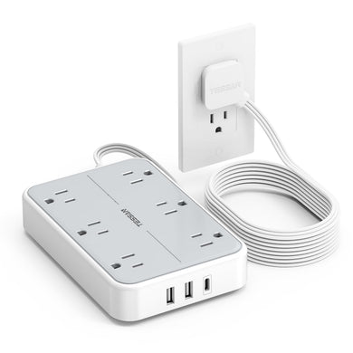 TESSAN Flat Extension Cord 10 FT with Flat Plug Power Strip, Small Extension Cord with 6 AC Outlet 1 USB C and 2 USB A, 1080J Surge Protector Power Strip, Wall Mount for Dorm Room Office Home