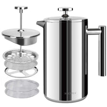 Load image into Gallery viewer, Secura French Press Coffee Maker, 304 Grade Stainless Steel Insulated Coffee Press with 2 Extra Screens, 34oz (1 Litre), Silver