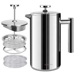 Secura French Press Coffee Maker, 304 Grade Stainless Steel Insulated Coffee Press with 2 Extra Screens, 34oz (1 Litre), Silver
