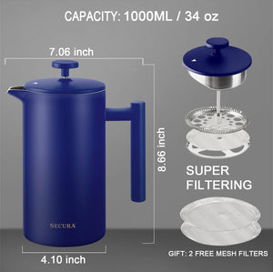 Secura French Press Coffee Maker, 304 Grade Stainless Steel Insulated Coffee Press with 2 Extra Screens, 34oz (1 Litre), Silver