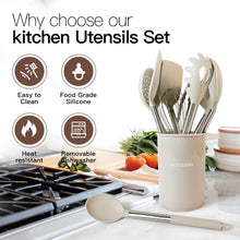 Load image into Gallery viewer, Kitchen Utensils Set-Silicone Cooking Utensils-33pcs Non-Stick Silicone Cooking Kitchen Utensils Spatula Set with Holder-Best Kitchen Cookware with Stainless Steel Handle (Khaki)