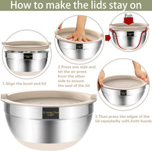 Load image into Gallery viewer, Umite Chef Mixing Bowls with Airtight Lids, 6 piece Stainless Steel Metal Nesting Storage Bowls, Non-Slip Bottoms Size 7, 3.5, 2.5, 2.0,1.5, 1QT, Great for Mixing &amp; Serving (Khaki)