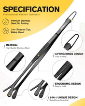 Load image into Gallery viewer, Fine Long Tweezers Tongs Professional Black, 10-Inch Stainless Steel for Kitchen, Food, Cooking, Repairing, Sea food and BBQ (SILVER)