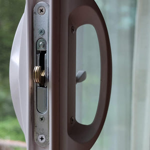HauSun Mortise Lock with 45 Degree Keyway and Round Faceplate,Adjustable,Spring-Loaded Hook Latch Replacement for Sliding Patio Doors Constructed of Wood, Aluminum and Vinyl, 4-5/8"