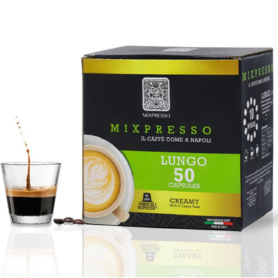 Mixpresso Coffee Espresso Capsules Compatible With Nespresso Original Brewers Single Cup Coffee Pods 100% from Italy Dark Roast Espresso, 50 Count Coffee Capsules - Lungo Intensity - 10/12
