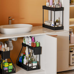 3PC Under Sink Organizer Rack 2 Tier Under Sliding Cabinet Basket Organizer Drawer, Multi-purpose Under Sink Storage for Bathroom Kitchen Desktop (Black)