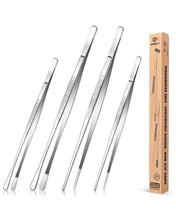 Load image into Gallery viewer, 4 Pcs Fine Long Tweezer Tongs Professional Black, 12&#39;&#39; and 10&#39;&#39; Stainless Steel for Kitchen, Food, Cooking, Repairing, Sea food and BBQ