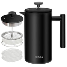 Load image into Gallery viewer, Secura French Press Coffee Maker, 304 Grade Stainless Steel Insulated Coffee Press with 2 Extra Screens, 34oz (1 Litre), Silver