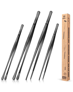 4 Pcs Fine Long Tweezer Tongs Professional Black, 12'' and 10'' Stainless Steel for Kitchen, Food, Cooking, Repairing, Sea food and BBQ