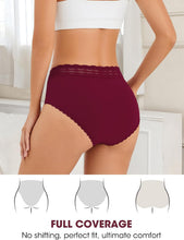 Load image into Gallery viewer, Cotton Underwear for Women High Waisted Lace Panties 4 Pack | Full Coverage Briefs, Soft Lace Waistband, Breathable Fabric, Tagless Design, Ideal for Daily Wear, Travel, and Relaxation