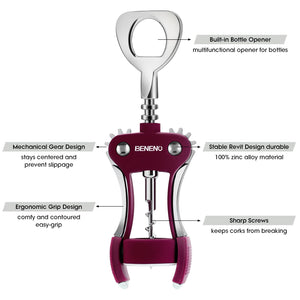 Beneno Wine Opener, Zinc Alloy Premium Wing Corkscrew with Multifunctional Bottles Opener, Sharp Wine Corkscrew with Ergonomic Non-Slip Wing Handle, Upgrade