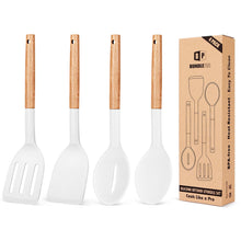 Load image into Gallery viewer, Pack of 4 Silicone Cooking Utensils Set, Non Stick Solid Spatulas and Heat Resistant Slotted Spoons with Wooden Handle, Ideal Wood Kitchen Utensils Set for Frying,Serving,Turning,Stirring (KHAKI)