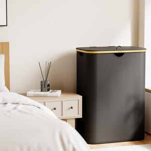 SpaceAid Laundry Hamper with Lid, 110L Large Tall Clothes Basket Bin with Bamboo Handles, Collapsible Laundry Hamper for Bedroom, Bathroom, Dorm, Laundry Room - Black