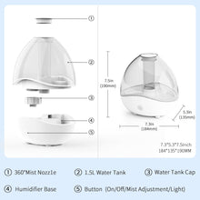 Load image into Gallery viewer, Humidifiers for Bedroom, Ultrasonic Cool Mist Humidifier, Desk Humidifiers Essential Oil Diffuser with Removable 1.5L Water Tank for Baby Nursery and Plants, Up To 24 Hours