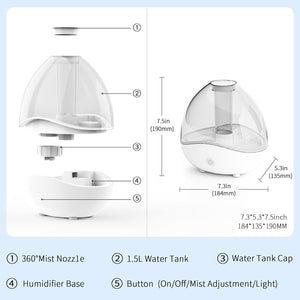Humidifiers for Bedroom, Ultrasonic Cool Mist Humidifier, Desk Humidifiers Essential Oil Diffuser with Removable 1.5L Water Tank for Baby Nursery and Plants, Up To 24 Hours