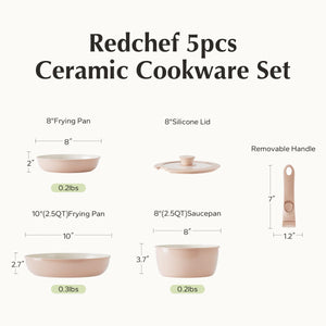 Redchef Ceramic Pots and Pans Set Non Stick, Nonstick Kitchen Cookware Sets, Non Toxic Pots and Pans Set Non Stick, PFAS PFOA & PTFE Free, Detachable Handle Pots and Pans 5 Piece, RV Cookware