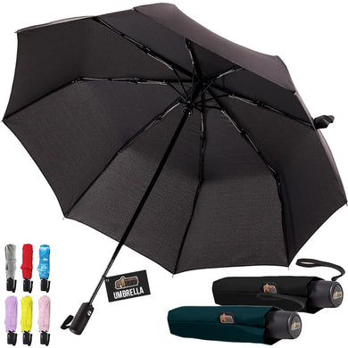 Windproof Compact Stick Umbrella for Rain, Travel One-Click Automatic Open and Close, Lightweight, Portable, Strong Reinforced Fiberglass Ribs, Easily Collapsible, Black