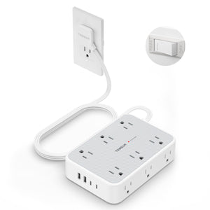 Surge Protector Power Strip, TESSAN 5FT Flat Extension Cord with Multiple Outlets, 12 Outlet Extender with 4 USB (2 USB-C), Flat Plug Power Strip, 1800J Surge Protection, Office, Dorm Essentials