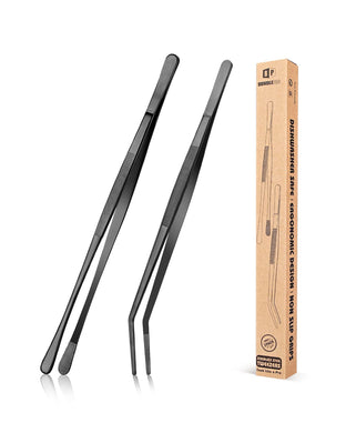 2 Pcs Kitchen Fine Tweezer Tongs, 12'' Stainless Steel Food Tweezers Set, Professional Black Kitchen Long Tweezer for Cooking, Repairing, Sea food and BBQ(SILVER)