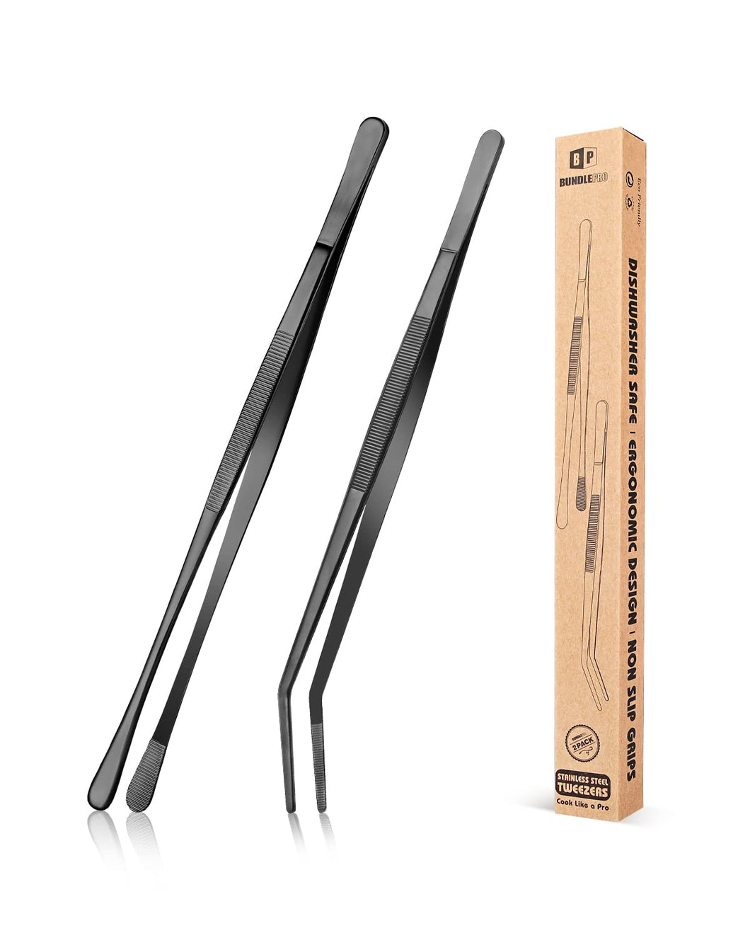 2 Pcs Kitchen Fine Tweezer Tongs, 12'' Stainless Steel Food Tweezers Set, Professional Black Kitchen Long Tweezer for Cooking, Repairing, Sea food and BBQ(SILVER)