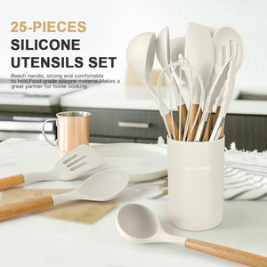 Kitchen Cooking Utensils Set,29 pcs Non-Stick Silicone Cooking Kitchen Utensils Set with Holder, Wooden Handle Silicone Kitchen Gadgets Utensil Set Spatula Turner Spoon Tongs Whisk (White)