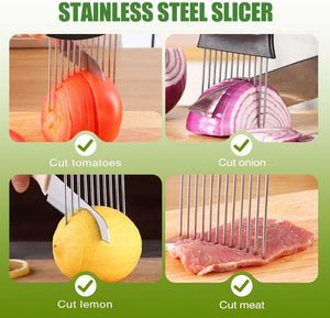 2024 New Stainless Steel Onion Slice Holder, Multifunctional Onion Slicer Chopper Vegetable Cutter, Premium Avocados Lemon Potato Tomato Carrots and Other Vegetable Fixing Slicer (1)