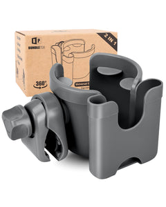 Universal Stroller Cup Holder with Mobile Phone Case, 2-in-1 Strollers Storage Rack, 360 Degrees Rotation Drink Holder for Bike, Pushchair, Wheelchair, Walker,Bicycle, Fits Most Cups