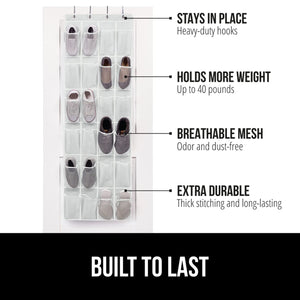 Over the Door Shoe Organizer, 24 Large Breathable Mesh Pockets, Space Saving Hanging Storage Holder, Closet Rack Hanger Holds Up to 40 lbs, Hangs on Closets for Shoes, Accessories, Black
