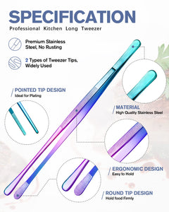 4 Pcs Fine Long Tweezer Tongs Professional Black, 12'' and 10'' Stainless Steel for Kitchen, Food, Cooking, Repairing, Sea food and BBQ
