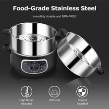 Load image into Gallery viewer, Secura 2 Stainless Steel Food Steamer 8.5 Qt Electric Glass Lid Vegetable Steamer Double Tiered Stackable Baskets with Timer