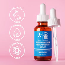 Load image into Gallery viewer, SeoulCeuticals Korean Hyaluronic Acid Serum For Face - High Molecular Weight &amp; Low Molecular Weight Hyaluronic Acid - Centella Serum + Propolis. 1oz