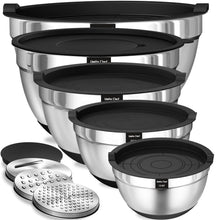 Load image into Gallery viewer, Umite Chef Mixing Bowls with Airtight Lids Set, 8PCS Stainless Steel Khaki Nesting Bowls with Grater Attachments, Kitchen Bowls with Non-Slip Bottoms, Size 5, 4, 3.5, 2, 1.5QT for Mixing &amp; Serving
