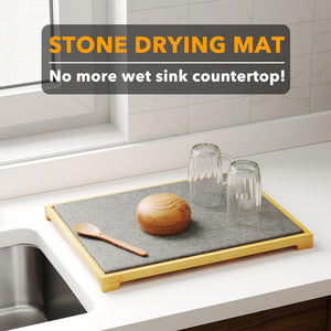 SpaceAid Bamboo Rack Dish Pad, Instant Dry Diatomaceous Earth Mat for Kitchen Counter, Stone Dish Fast Drying Mat Board (15.8 x 11.8 inch, White Marble)