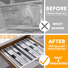 Load image into Gallery viewer, SpaceAid WrapNeat 3 in 1 Wrap Organizer with Cutter and Labels, Plastic Wrap, Aluminum Foil and Wax Bamboo Dispenser for Kitchen Storage Organization Holder for 12&quot; Roll (Natural)