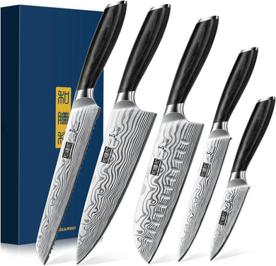 5 Pieces Knife Set, Professional Powder Steel Chef Knife Set, Ultra Sharp Japanese Kitchen Knives Set with Ergonomic Pakkawood Handle