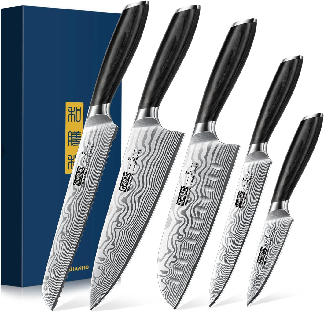 5 Pieces Knife Set, Professional Powder Steel Chef Knife Set, Ultra Sharp Japanese Kitchen Knives Set with Ergonomic Pakkawood Handle