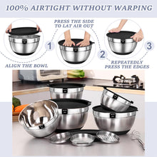 Load image into Gallery viewer, Umite Chef Mixing Bowls with Airtight Lids Set, 8PCS Stainless Steel Khaki Nesting Bowls with Grater Attachments, Kitchen Bowls with Non-Slip Bottoms, Size 5, 4, 3.5, 2, 1.5QT for Mixing &amp; Serving