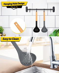 Pack of 2 Soup Ladle, Silicone Ladle Spoon with Wooden Handle, Large Non Stick High Heat Resistant Kitchen Utensils for Cooking, Stirring, Serving Soups(GRAY-BLUE)